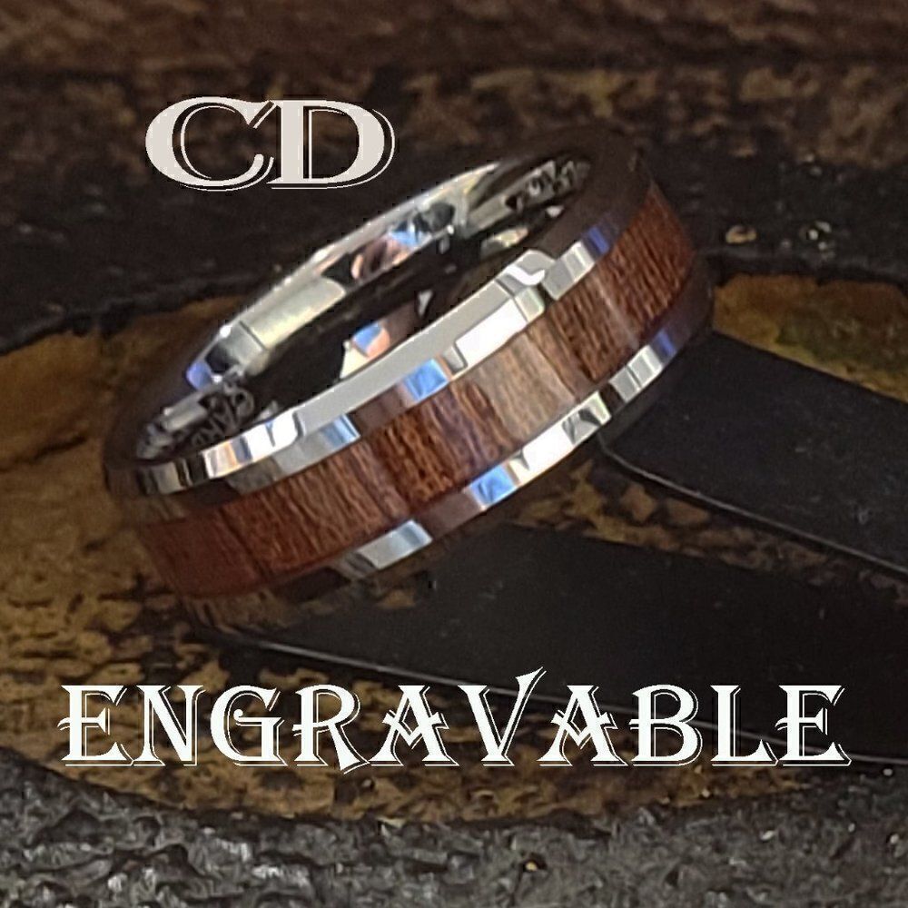 Personalized Men's Wood and Tungsten Wedding Ring Band - Whiskey Barrel Wood